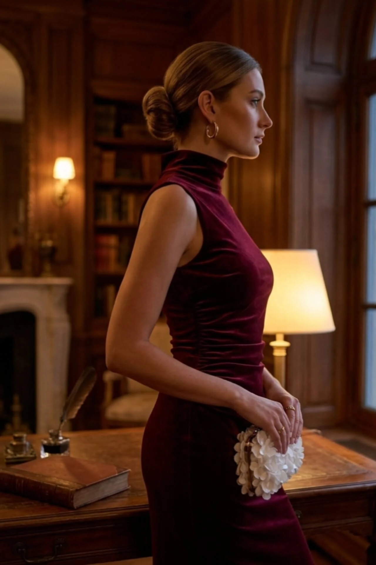 Elegant Thanksgiving dress outfit idea, deep red midi dress thanksgiving outfit