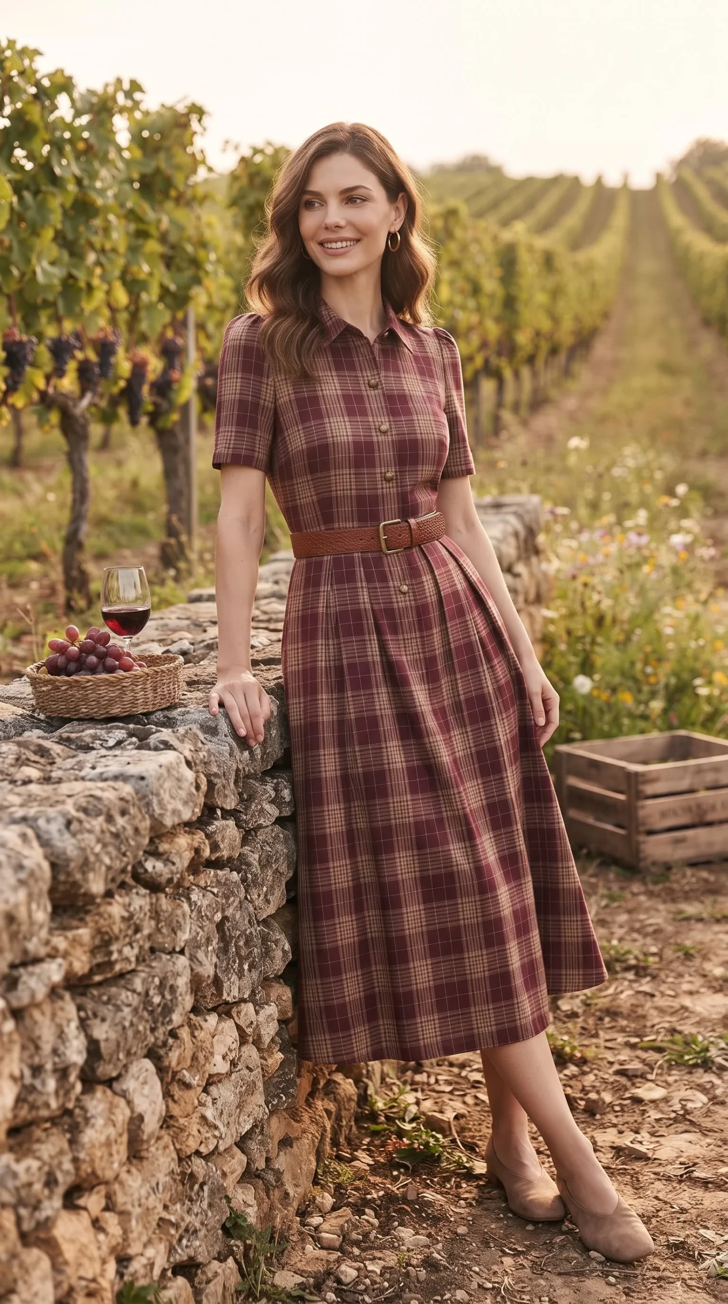 Elegant Thanksgiving dress outfit idea, plaid midi dress fall outfit women elegant