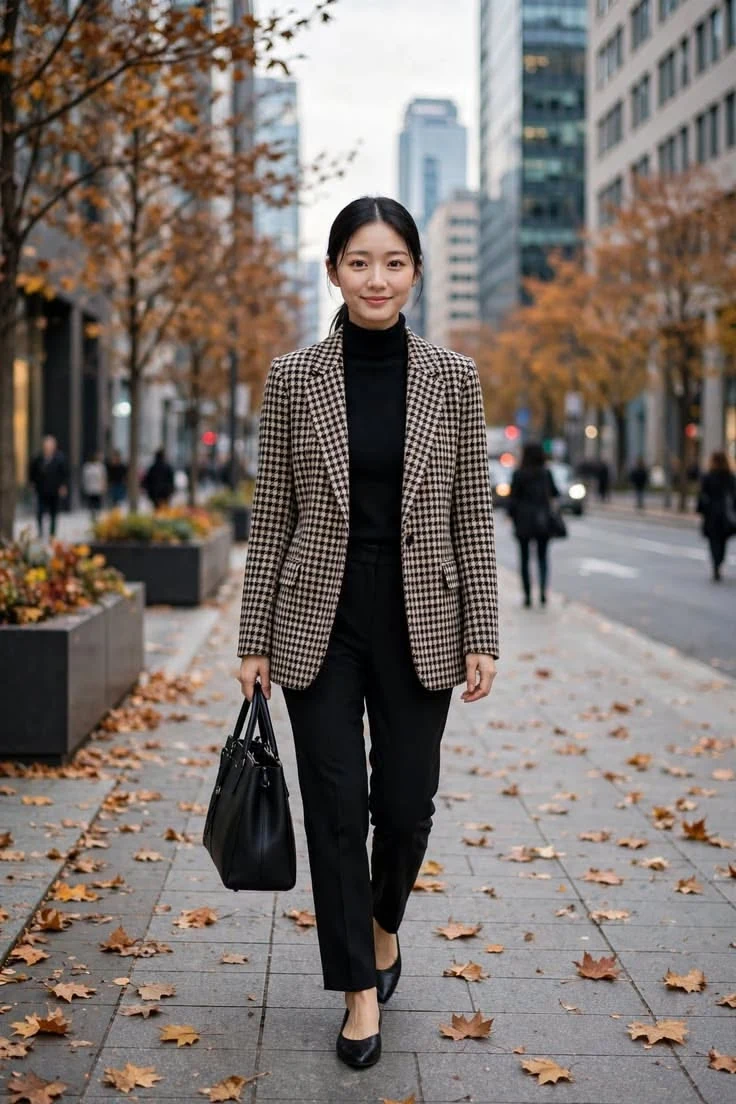 Petite fall outfit: A houndstooth blazer over a black turtleneck with black tapered trousers and black flats on a leafy street.