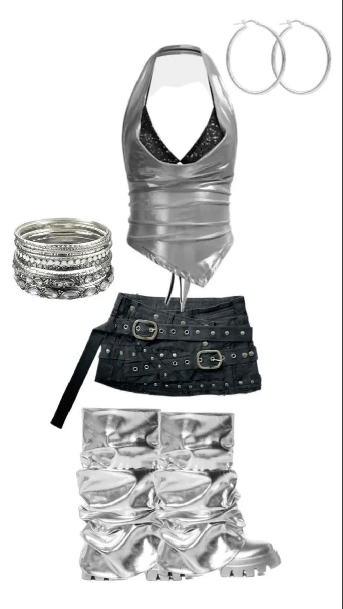 Steve Lacy concert outfit: silver halter top with studded black skirt flat lay