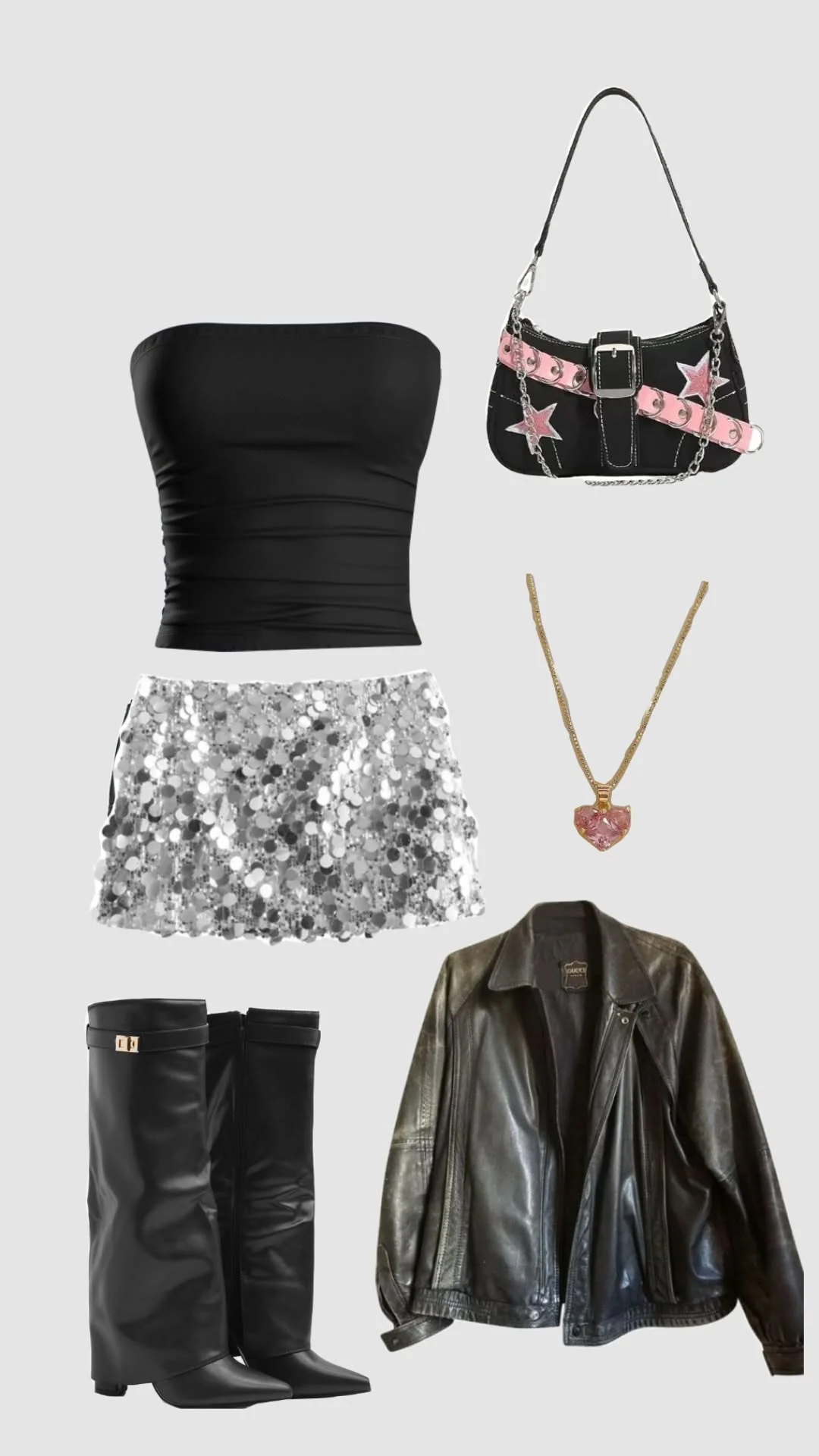 Steve Lacy concert outfit: black tube top with silver skirt and leather jacket flat lay