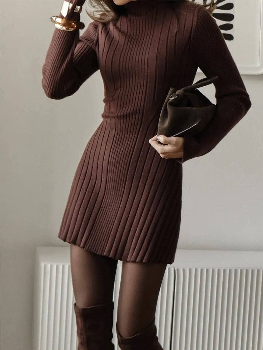 Brown ribbed turtleneck sweater dress with black tights and brown clutch