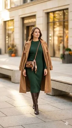 Deep green sweater dress with camel coat and brown boots