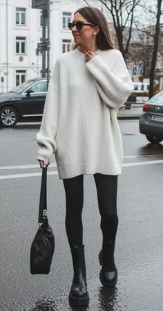 White oversized sweater dress with black tights and ankle boots