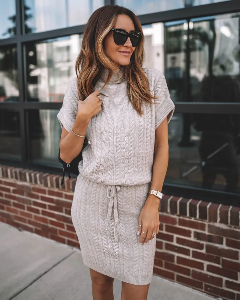 Light grey short sleeve cable knit sweater dress with drawstring waist