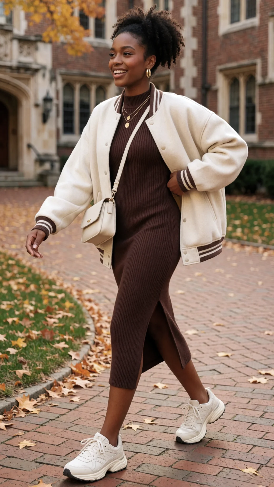 Thanksgiving outfit for black woman: brown ribbed sweater dress with cream varsity jacket