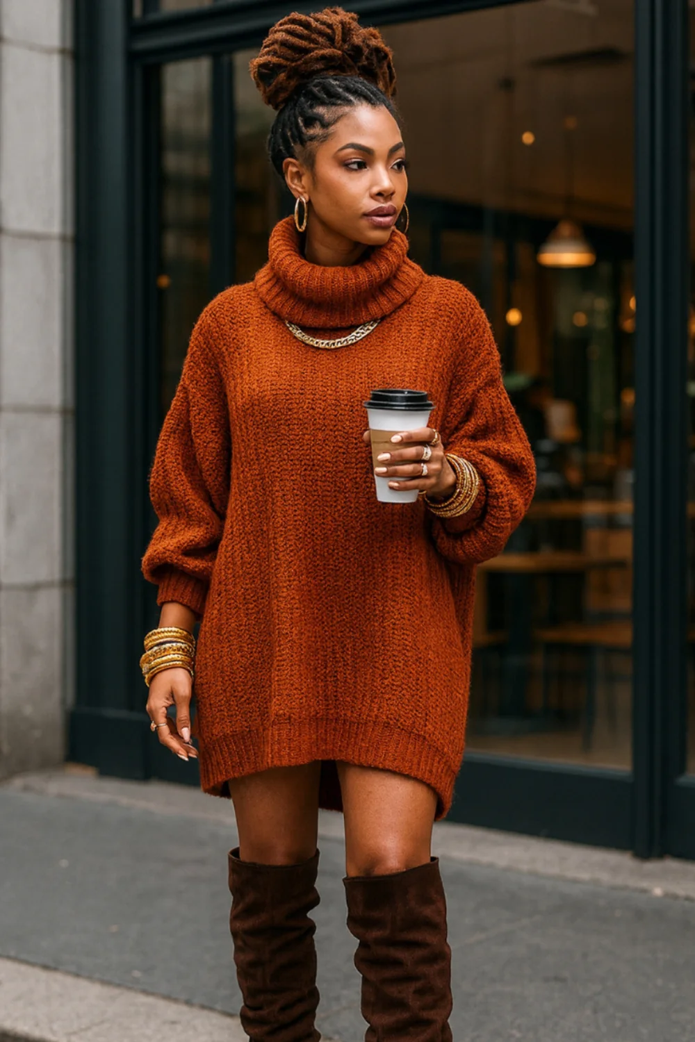 Fall outfit for black woman: rust turtleneck sweater dress with brown knee high boots