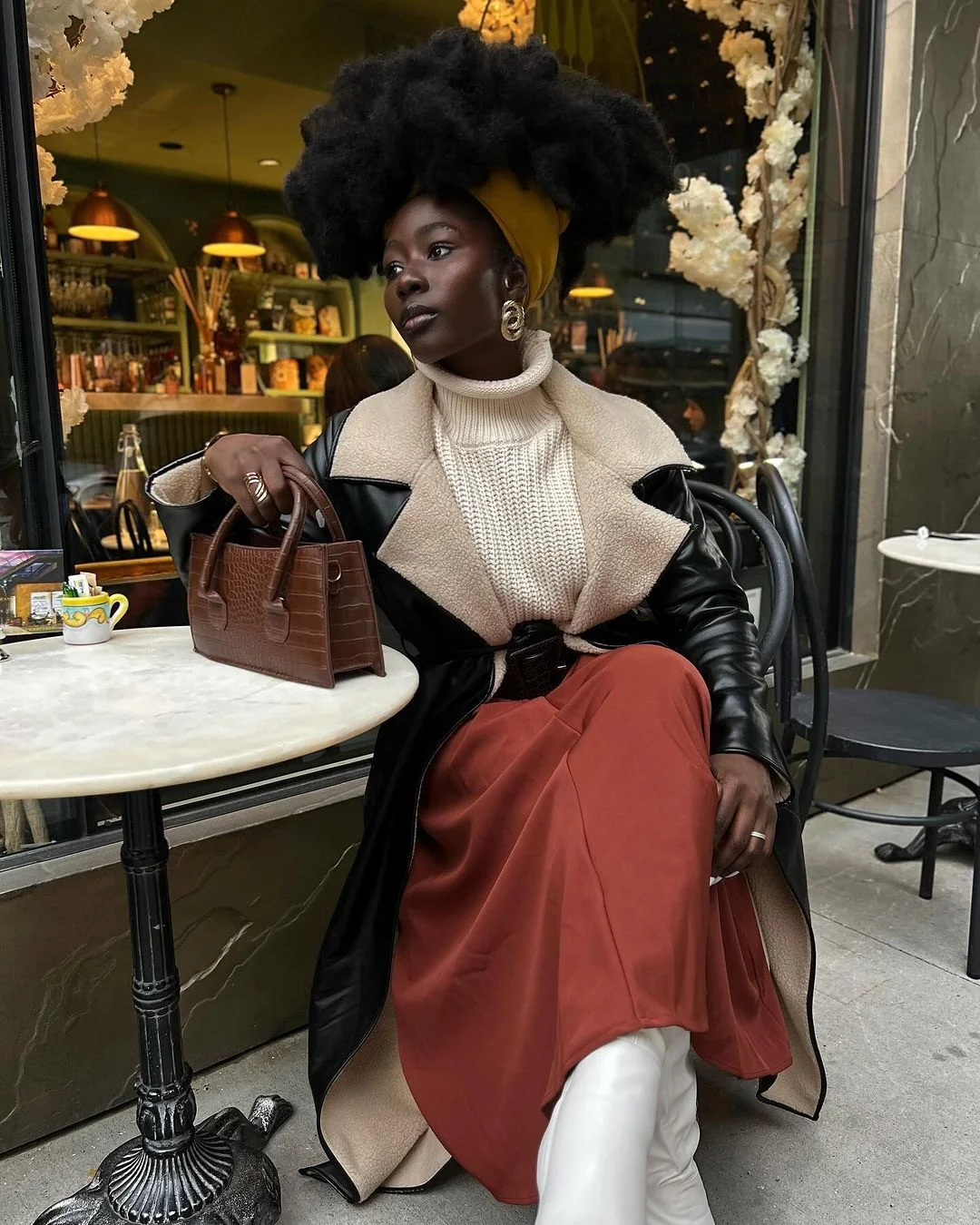 Chic fall outfit: rust satin skirt with shearling collar leather coat