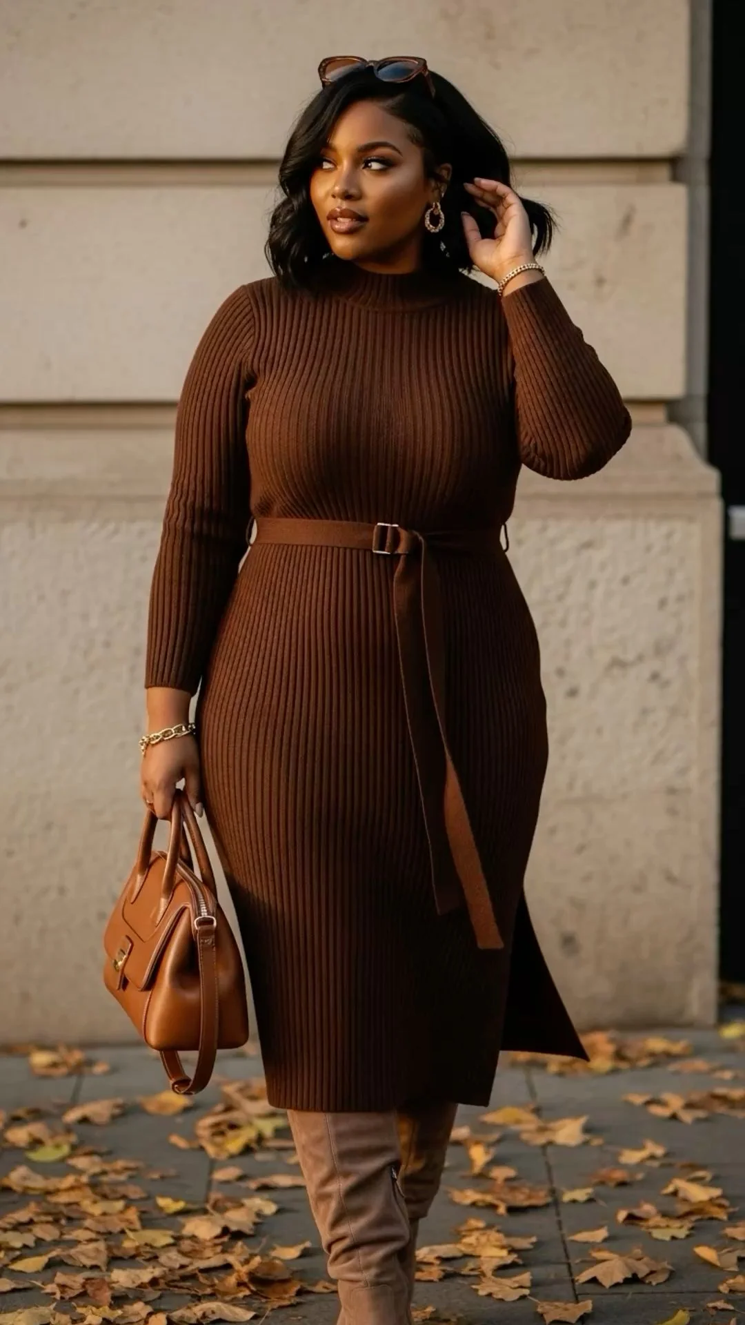 Thanksgiving outfit for black woman: chocolate brown ribbed sweater dress with tan boots