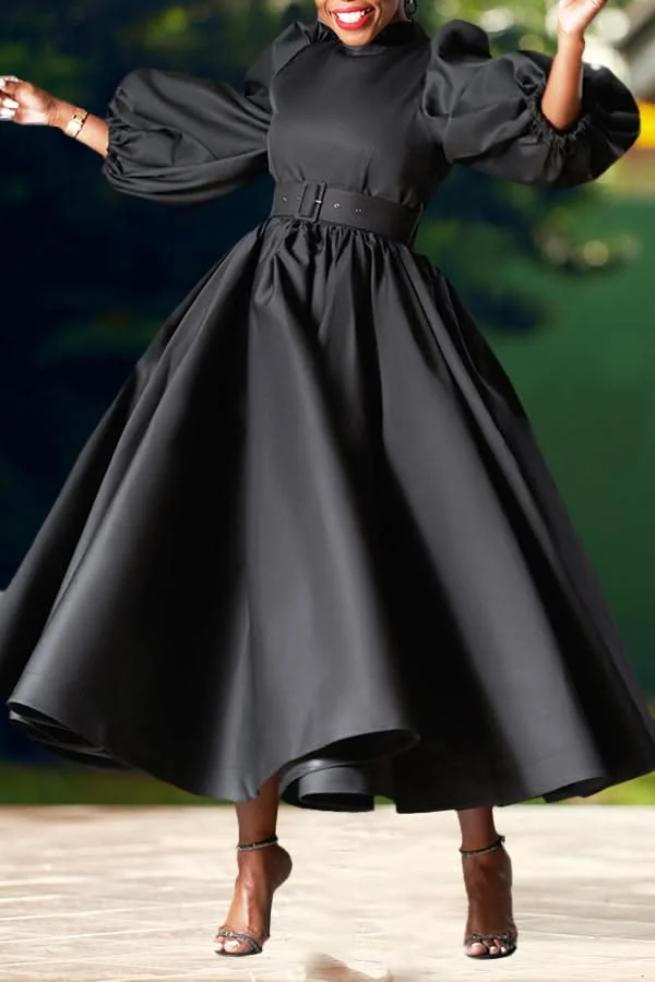 Elegant thanksgiving dress: black balloon sleeve belted midi dress