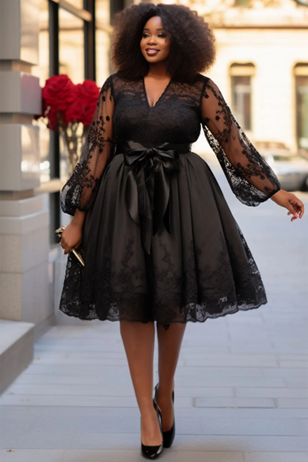 Dressy thanksgiving outfit: black lace dress with satin bow sash