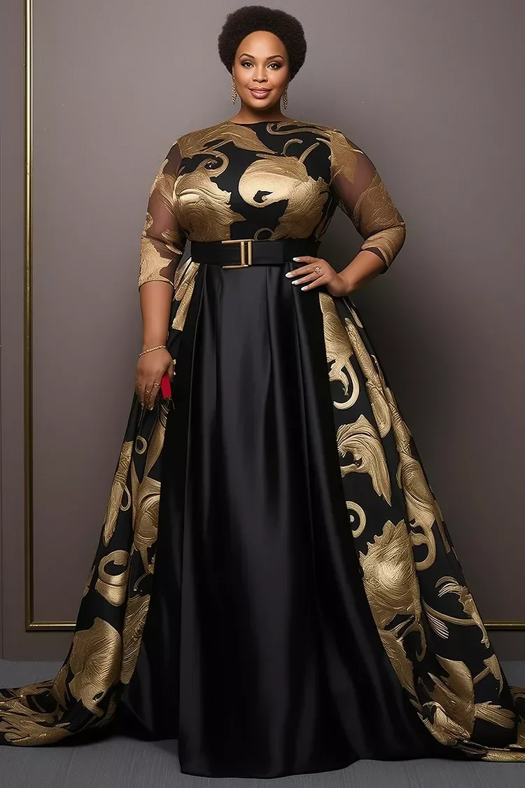 Glamorous thanksgiving outfit: black and gold brocade evening gown