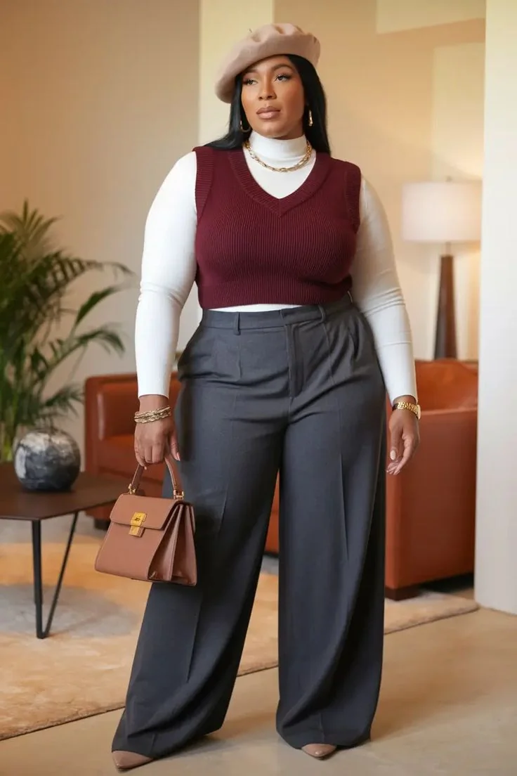 Thanksgiving outfit for black woman: burgundy sweater vest over white turtleneck with grey trousers