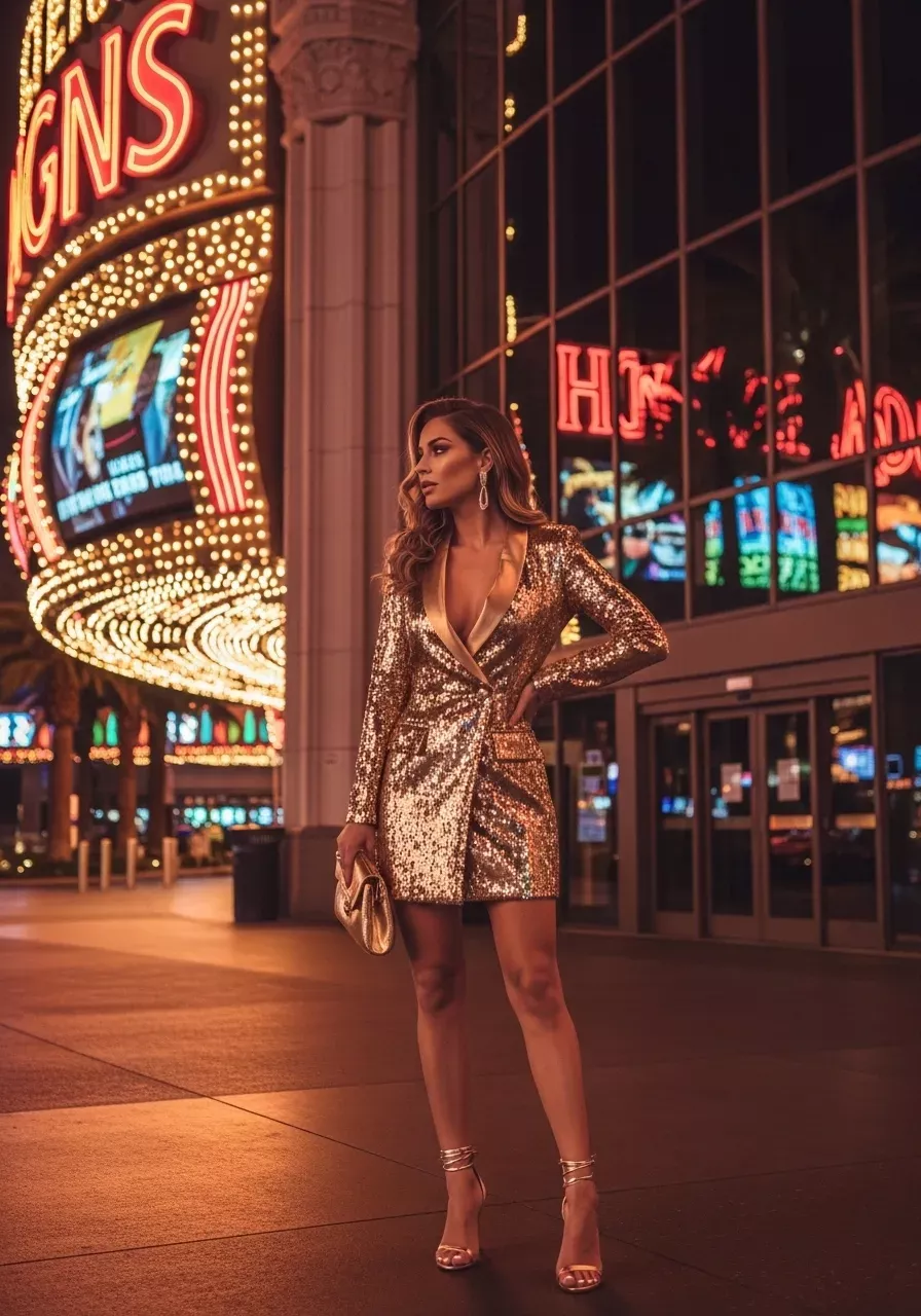 Classy Las Vegas outfit: gold sequin romper at night