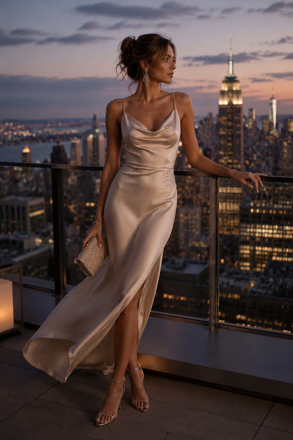 Classy Las Vegas outfit: champagne satin gown