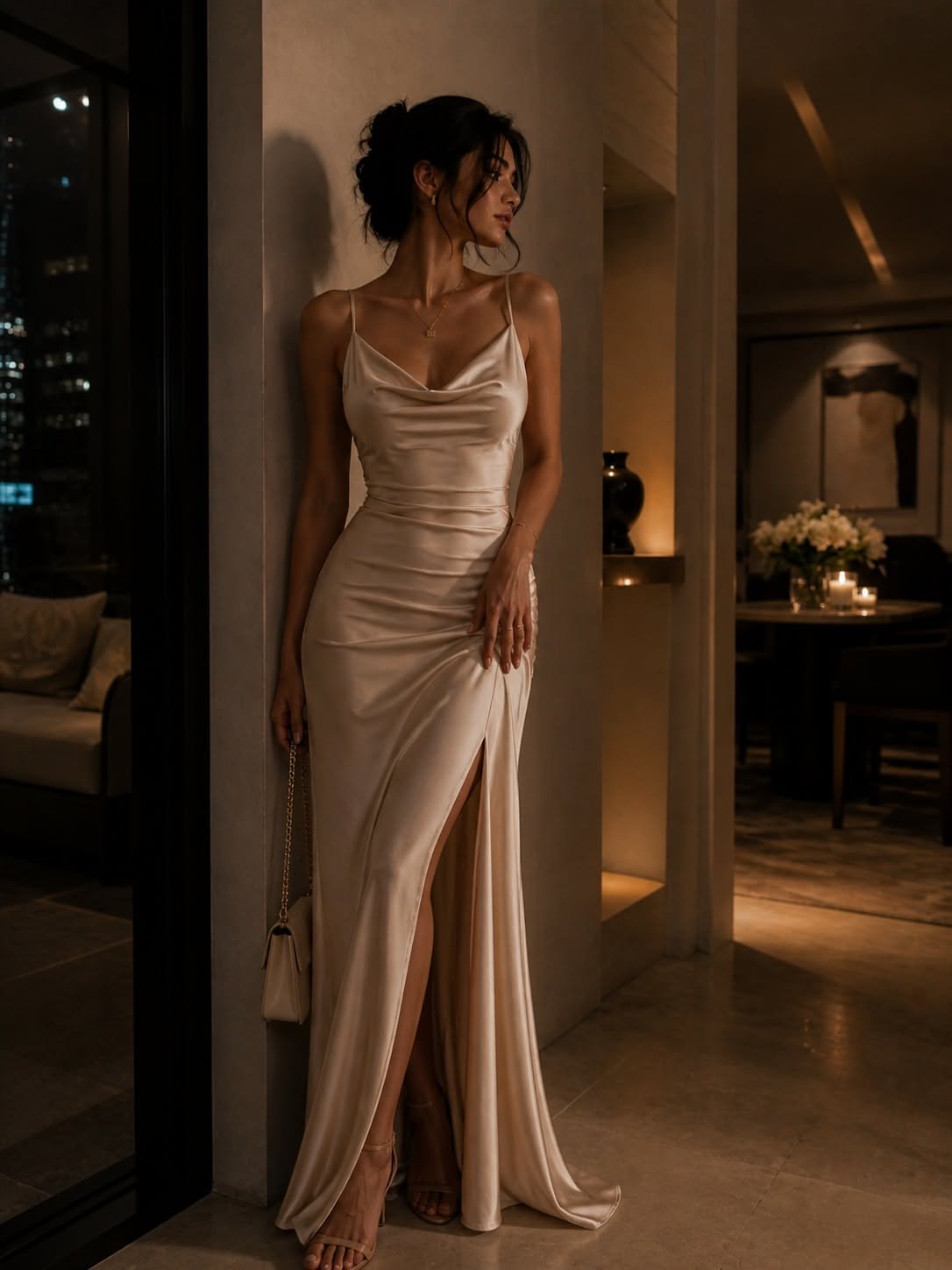 Classy Las Vegas outfit: champagne slip dress