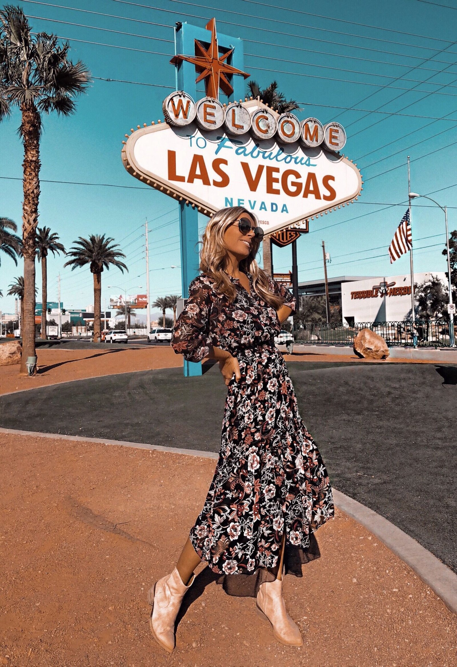 Las Vegas daytime outfit: floral maxi at the Welcome sign