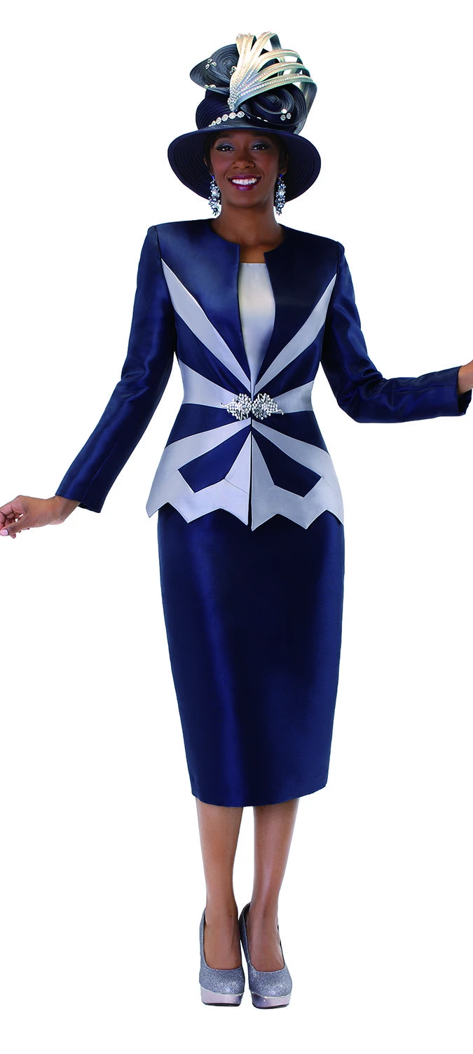 Veterans Day outfit for Black women in their 50s: navy and white satin skirt suit with a feather hat