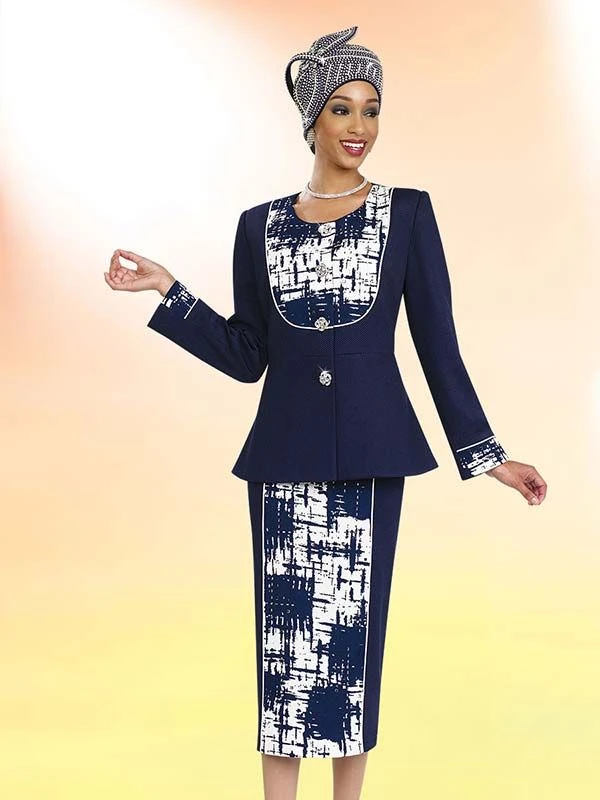Veterans Day outfit for Black women in their 50s: navy printed skirt suit with a beaded headwrap