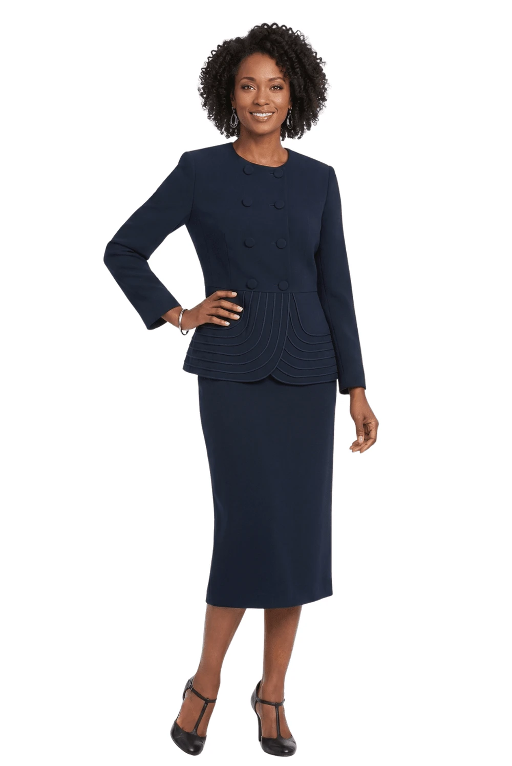 Veterans Day outfit for Black women in their 50s: navy peplum skirt suit