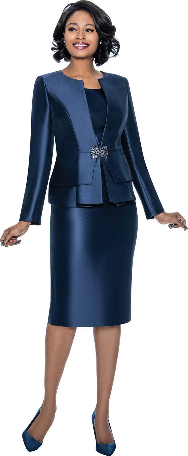 Veterans Day outfit for Black women in their 50s: navy satin skirt suit with crystal waist clasp