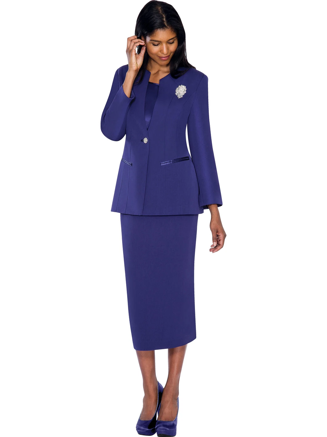 Veterans Day outfit for Black women in their 50s: royal purple skirt suit with jeweled brooch