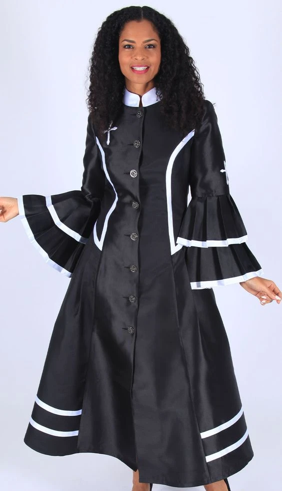 Veterans Day outfit for Black women in their 50s: black dress with white trim and bell sleeves