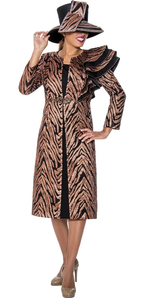 Veterans Day outfit for Black women in their 50s: animal print skirt suit with statement hat