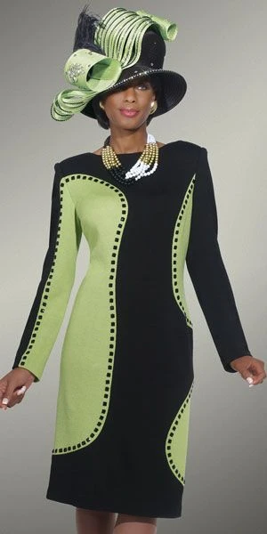 Veterans Day outfit for Black women in their 50s: black and lime green dress with sculptural hat