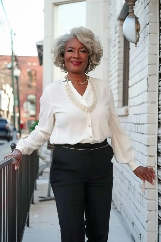 Veterans Day outfit for Black women in their 50s: white blouse with black trousers and pearls