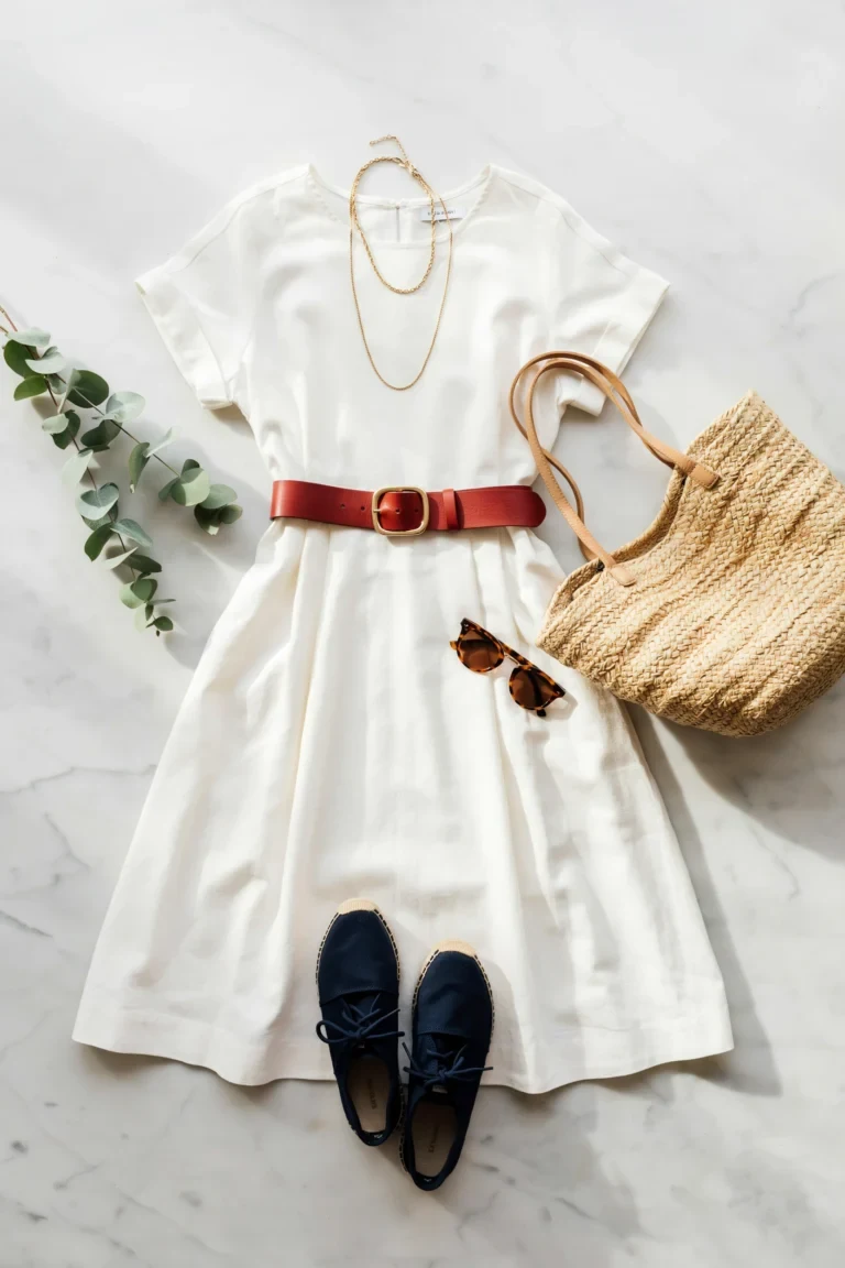 Flat lay of white dress with red belt navy espadrilles and straw tote