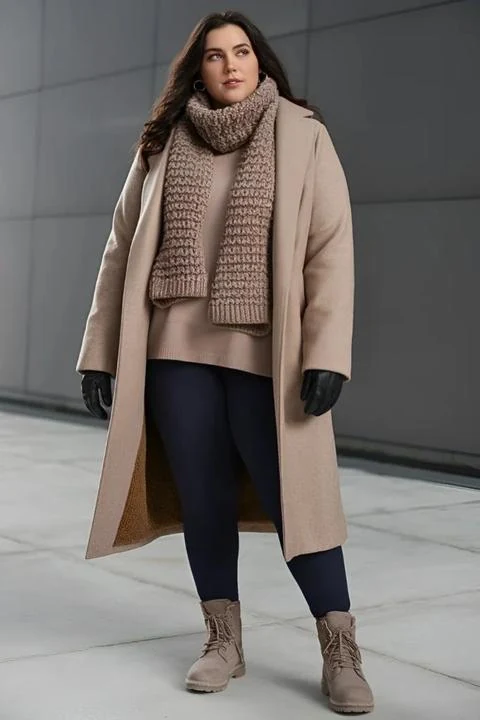 Camel winter coat with chunky knit scarf on plus size woman