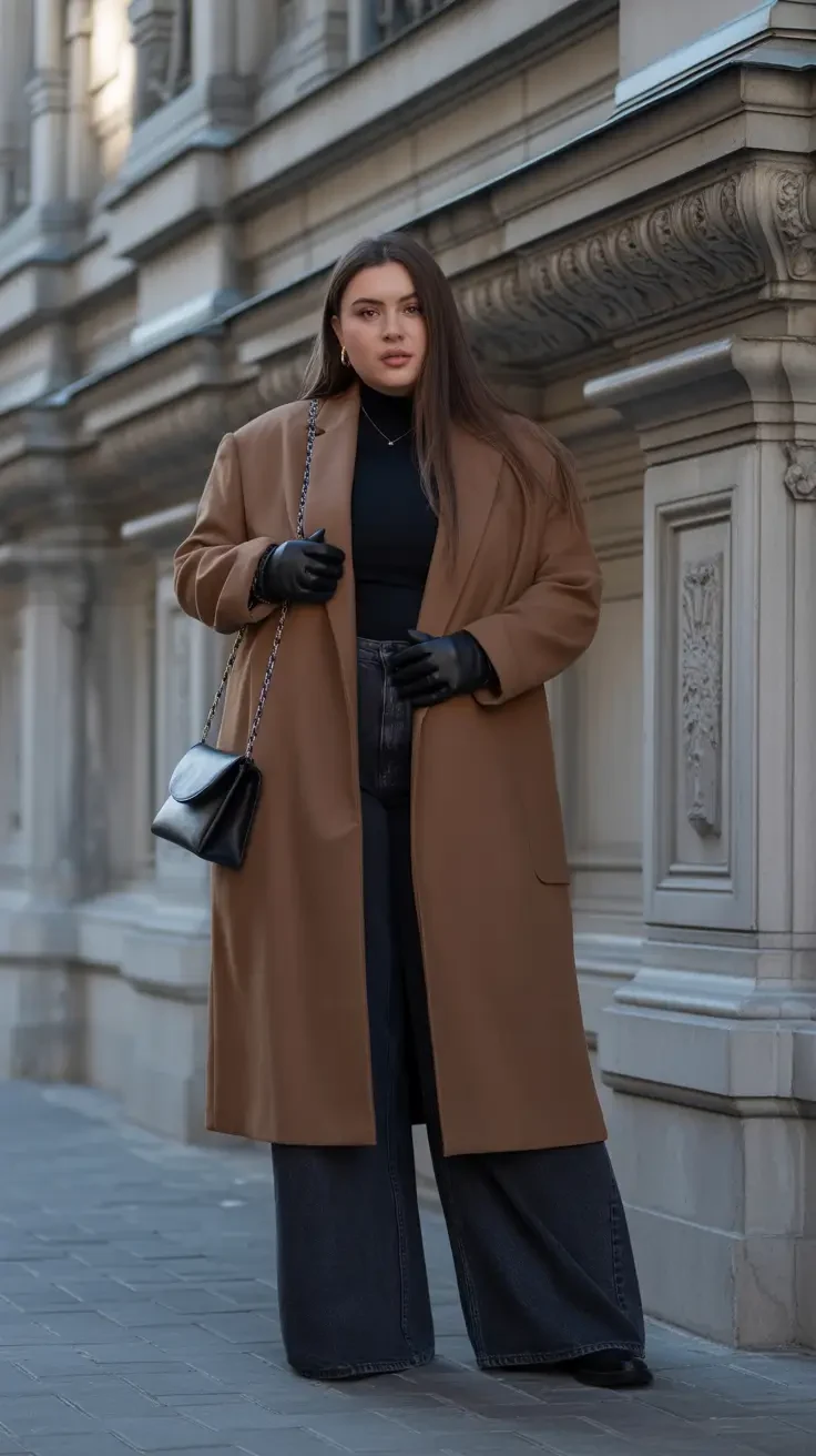 Long camel coat winter street style plus size woman