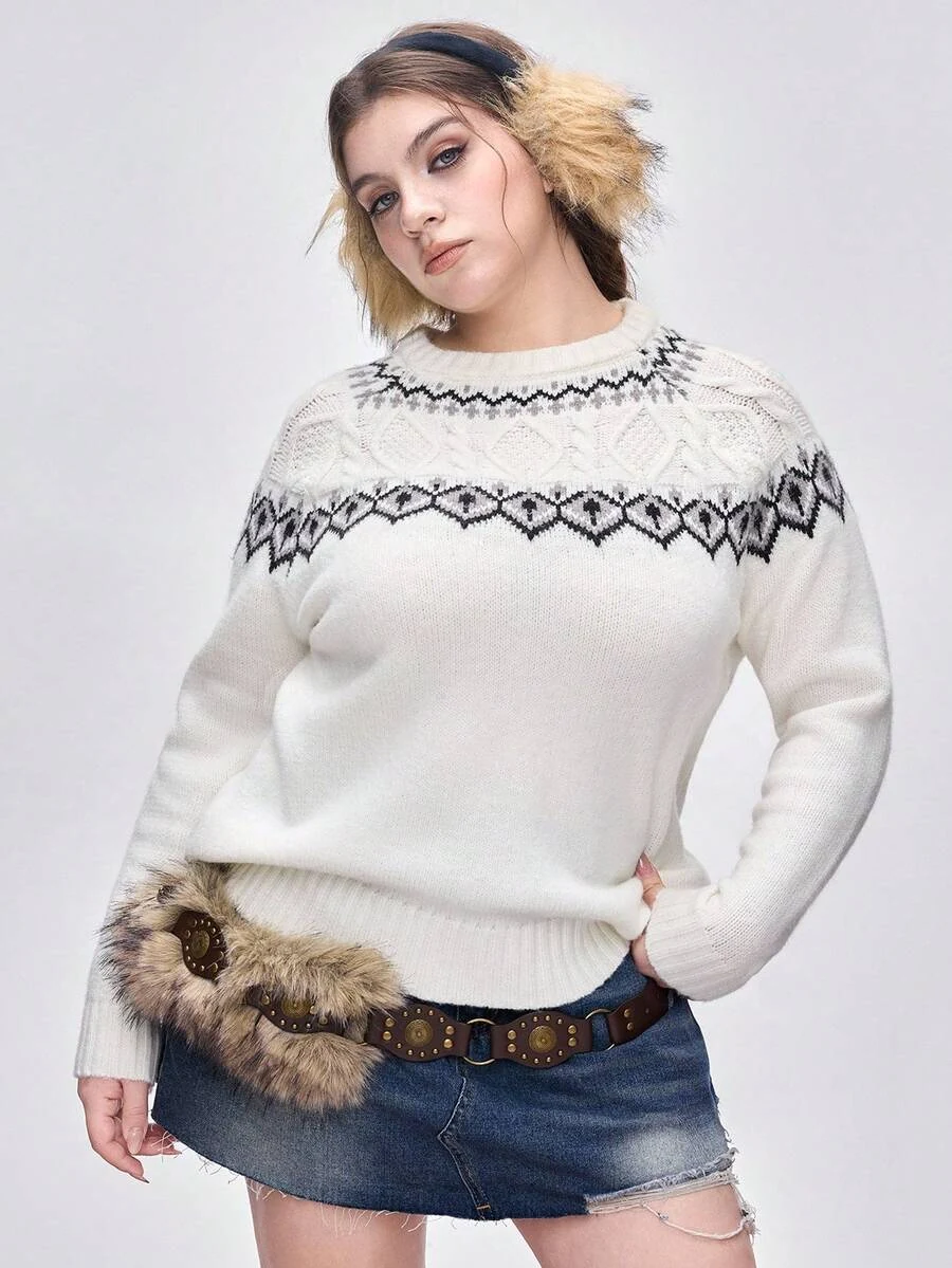 White fair isle pattern winter sweater plus size