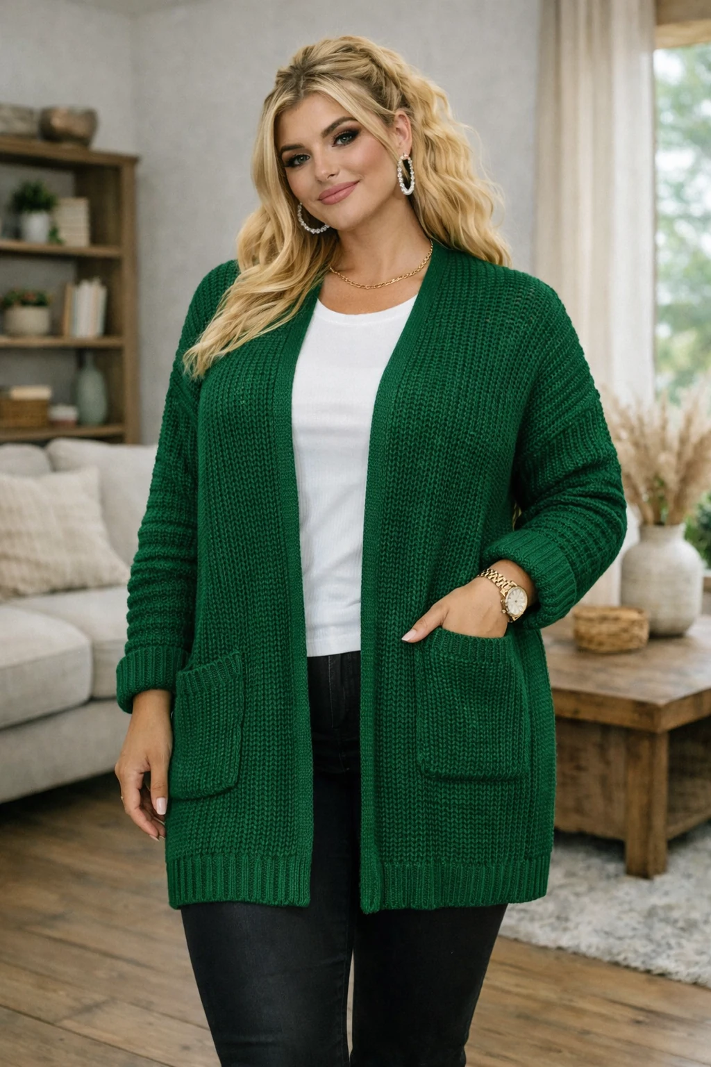 Green chunky cardigan cozy winter outfit plus size