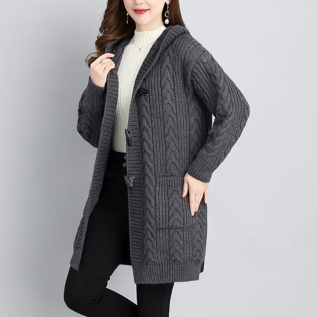 Long grey knit cardigan winter layering look