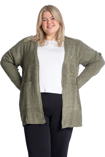 Olive green cardigan with white tee casual winter