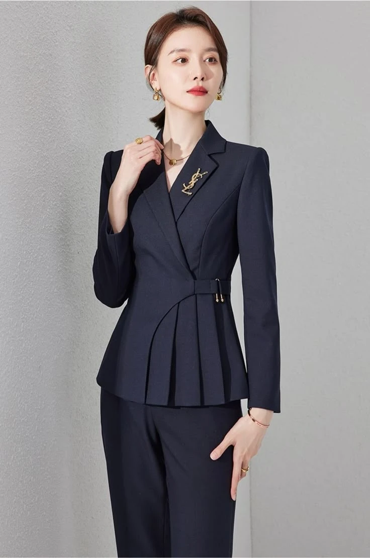 Veterans day blazer outfit: navy peplum blazer suit with belt