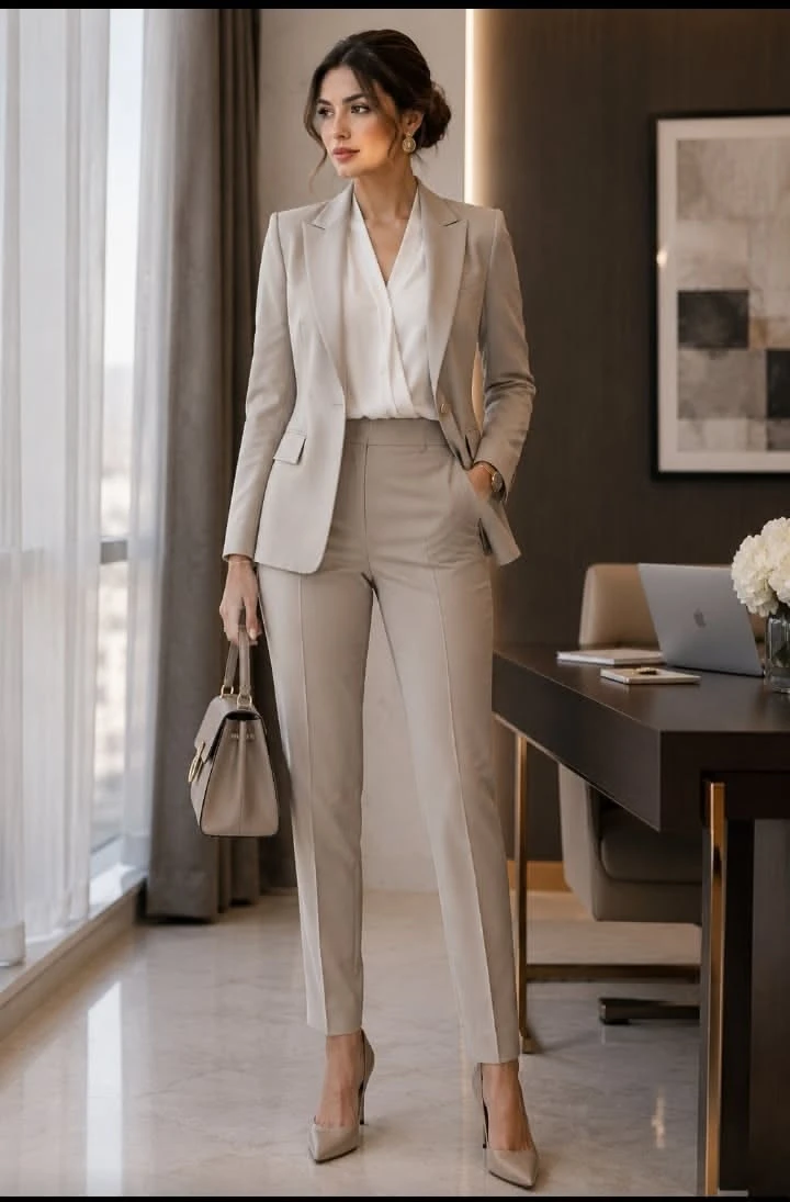 Veterans day blazer outfit: taupe blazer suit with white blouse office