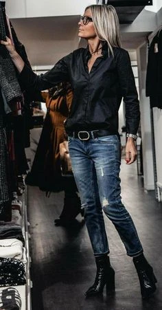 Black blouse with skinny jeans and black heeled ankle boots