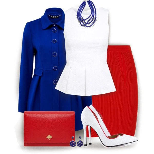 Veterans Day business casual outfit: white blazer with navy tank top and red jeans flatlay