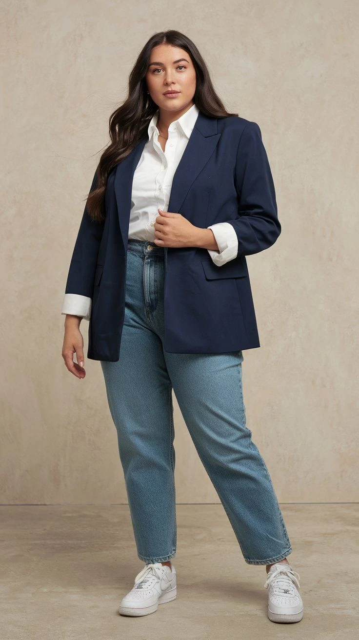 Veterans Day business casual outfit: navy pinstripe blazer with cream blouse and wide-leg jeans on curvy woman