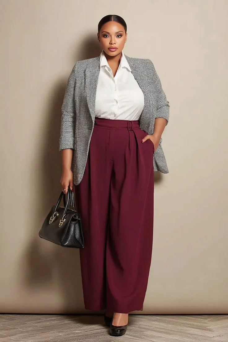 Veterans Day business casual outfit: cream blazer with corset top and wide-leg trousers on curvy woman