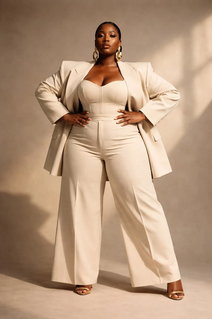 Veterans Day business casual outfit: navy suit with white shirt on curvy woman