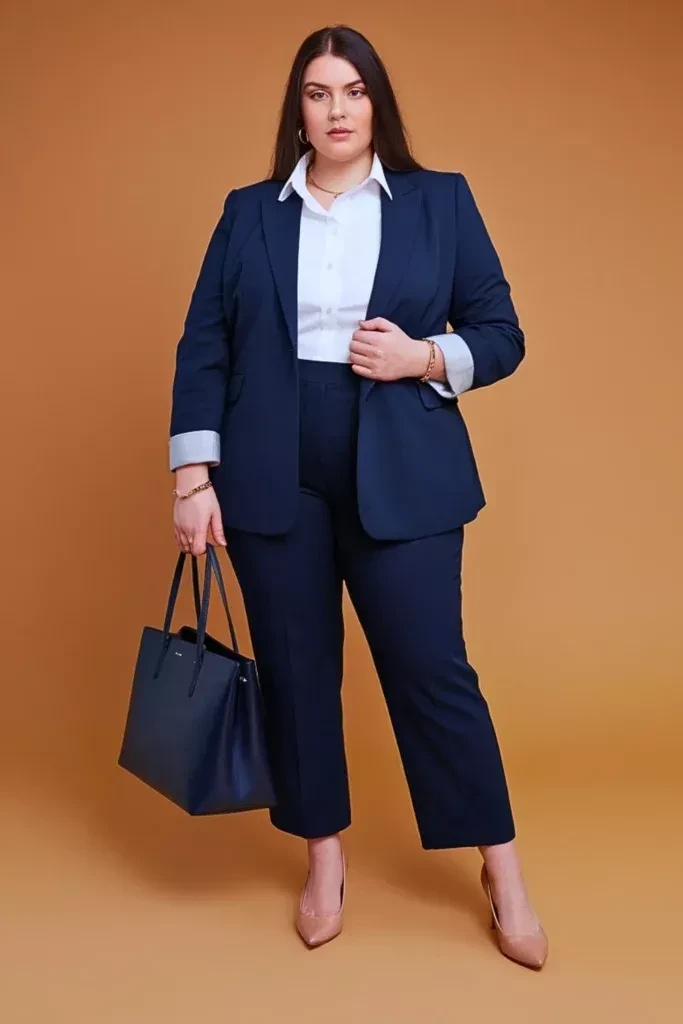 Veterans Day business casual outfit: cream blazer with white top and black trousers on curvy woman