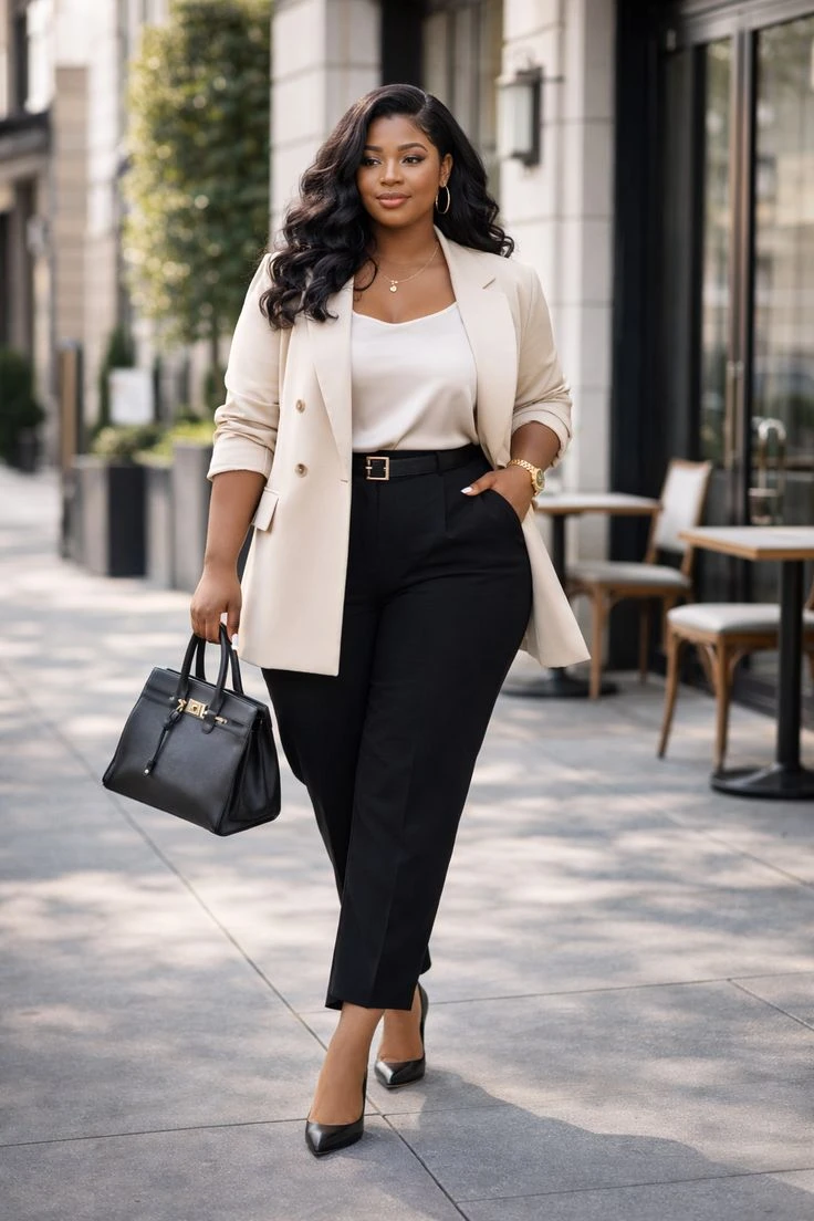 Veterans Day business casual outfit: black suit with white top on curvy woman