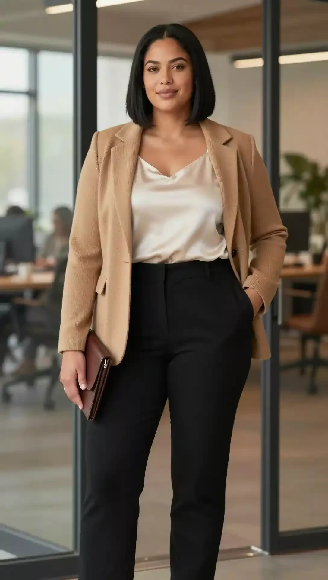 Veterans Day business casual outfit: black blazer with taupe wide-leg trousers on curvy woman