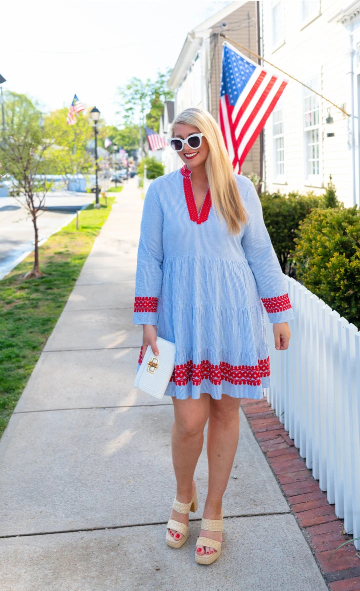 Veterans day outfit: light blue dress with red scarf and American flag