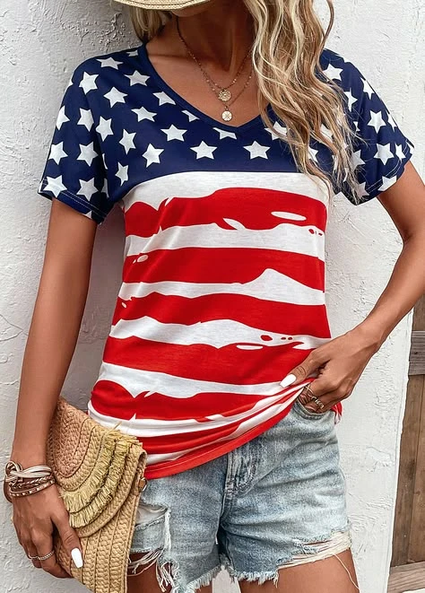 Veterans day outfit: flag print tee with denim shorts