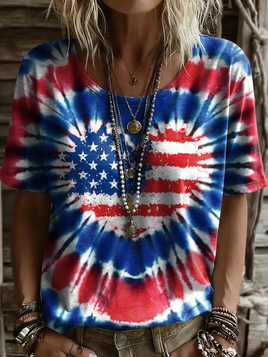 Veterans day outfit: tie dye flag print tee with layered necklaces